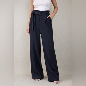 Grey Lab Navy Blue High-Waisted Belted Wide-Leg Trouser Pants